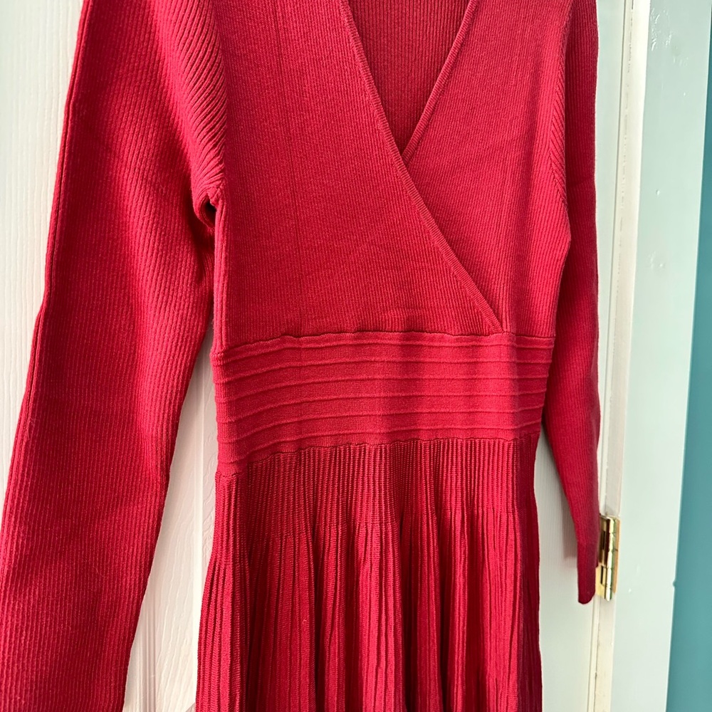 Red Ribbed Knit Wrap Flattering Midi Dress Fit & Flare XL - Picture 3 of 7